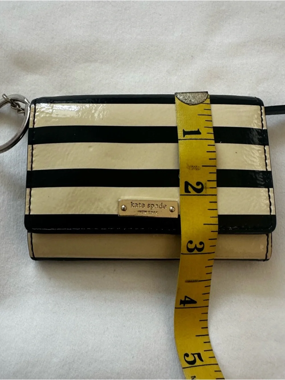 Kate Spade Kiera Chelsea Park Black Cream Striped Patent Wallet with Key Ring